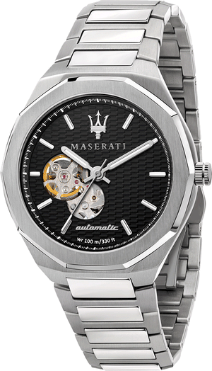 Maserati Stile Skeleton Automatic Black Dial Silver Steel Strap Watch For Men - R8823142002 Authentic Buy Shop Now