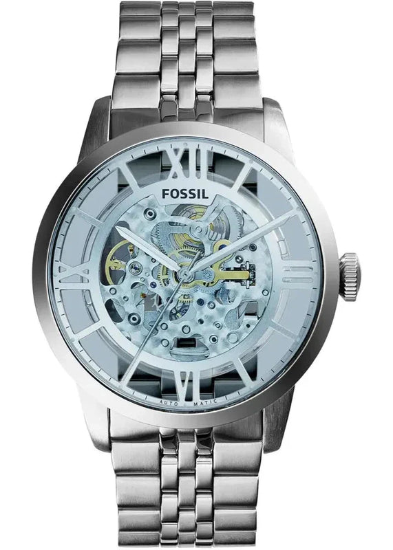 Fossil Townsman Automatic Skeleton Blue Dial Silver Steel Strap Watch for Men - ME3073 Authentic Buy Shop Now