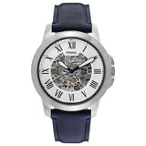 Fossil Grant Automatic Skeleton Silver Dial Blue Leather Strap Watch for Men - ME3111 Authentic Buy Shop Now