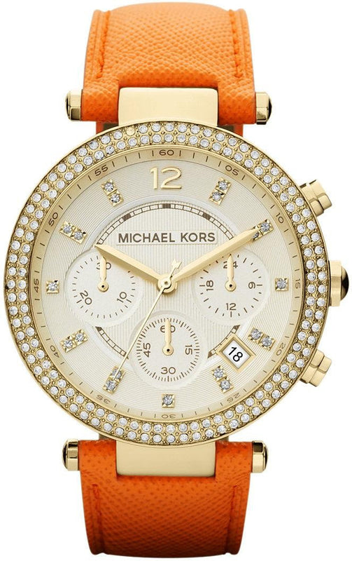 Michael Kors Parker Champagne Dial Orange Leather Strap Watch for Women - MK2279 Authentic Buy Shop Now