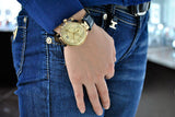 Michael Kors Sawyer Champagne Dial Black Leather Strap Watch for Women - MK2433 Authentic Buy Shop Now