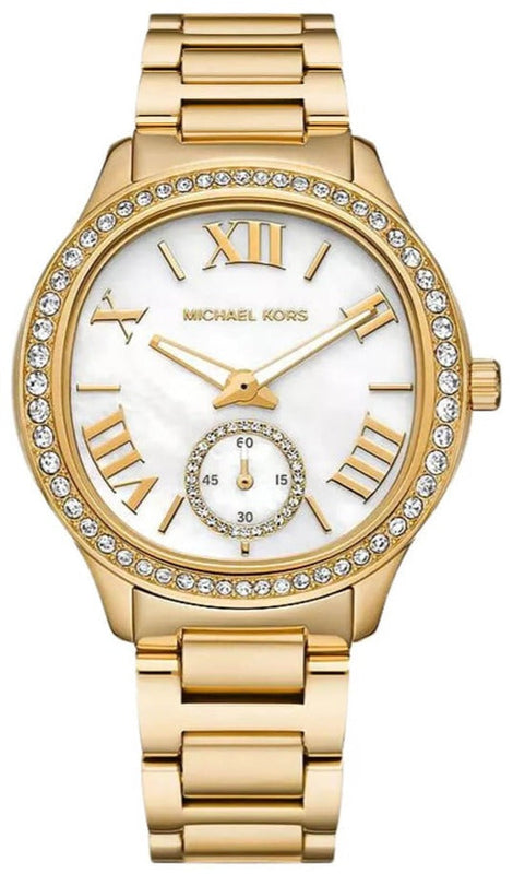 Michael Kors Sage Three-Hand Mother of Pearl White Dial Gold Steel Strap Watch for Women - MK4805 Authentic Buy Shop Now