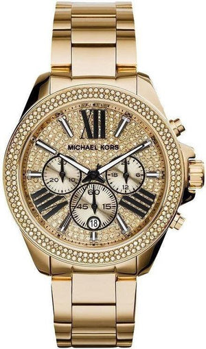 Michael Kors Wren Chronograph Crystal Pave Gold Dial Gold Steel Strap Watch for Women - MK6095 Authentic Buy Shop Now