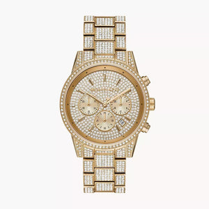 Michael Kors Ritz Three-Hand Glitz Crystals Gold Dial Gold Steel Strap Watch for Women - MK6747 Authentic Buy Shop Now