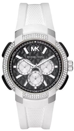 Michael Kors Sidney Multifunction Black Dial White Silicone Strap Watch For Women - MK6947 Authentic Buy Shop Now