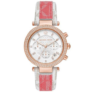 Michael Kors Parker Chronograph White Dial Two Tone Leather Strap Watch For Women - MK6951 Authentic Buy Shop Now
