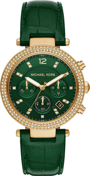 Michael Kors Parker Chronograph Green Dial Green Leather Strap Watch For Women - MK6985 Authentic Buy Shop Now