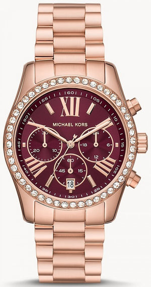 Michael Kors Lexington Chronograph Red Dial Rose Gold Steel Strap Watch For Women - MK7275 Authentic Buy Shop Now