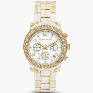Michael Kors Runway Pavé Chronograph White Dial White Acetate Strap Watch for Women - MK7476 Authentic Buy Shop Now