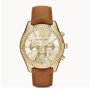 Michael Kors Lexington Chronograph Gold Dial Brown Leather Strap Watch For Men - MK8447 Authentic Buy Shop Now