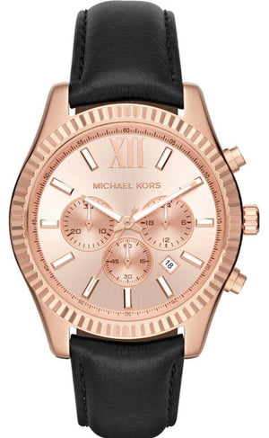 Michael Kors Lexington Chronograph Rose Gold Dial Black Leather Strap Watch For Men - MK8516 Authentic Buy Shop Now