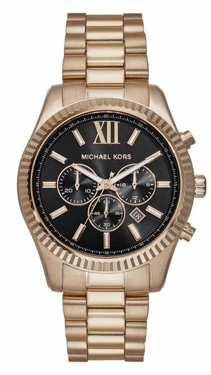 Michael Kors Lexington Chronograph Black Dial Gold Steel Strap Watch for Men - MK9155 Authentic Buy Shop Now