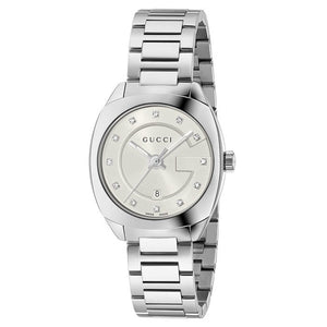 Gucci G Frame Quartz Diamonds Silver Dial Silver Steel Strap Watch For Women - YA142504 Authentic Buy Shop Now