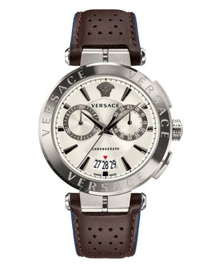 Versace Aion Chronograph White Dial Brown Leather Strap Watch for Men - VBR010017 Authentic Buy Shop Now