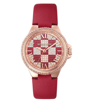 Michael Kors Camille Three Hand Crystals Rose Gold Dial Red Leather Strap Watch For Women - MK4701 Authentic Buy Shop Now
