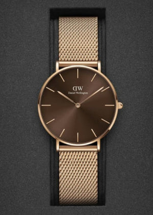Daniel Wellington Petite Amber Brown Dial Rose Gold Mesh Strap Watch for Women - DW00100478 Authentic Buy Shop Now