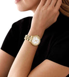 Michael Kors Sage Three-Hand Mother of Pearl White Dial Gold Steel Strap Watch for Women - MK4805 Authentic Buy Shop Now