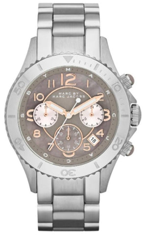 Marc Jacobs Rock Chronograph Mother of Pearl Grey Dial Silver Steel Strap Watch for Women - MBM3250 Authentic Buy Shop Now