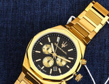 Maserati Stile 45mm Chronograph Black Dial Gold Steel Strap Watch For Men - R8873642001 Authentic Buy Shop Now