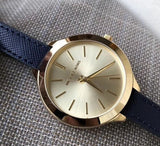 Michael Kors Runway Quartz Gold Dial Blue Leather Strap Watch For Women - MK2285 Authentic Buy Shop Now
