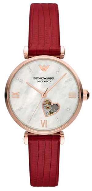 Emporio Armani Gianni T-Bar Mother of Pearl White Dial Red Leather Strap Watch For Women - AR60048 Authentic Buy Shop Now