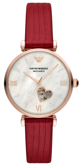 Emporio Armani Gianni T-Bar Mother of Pearl White Dial Red Leather Strap Watch For Women - AR60048 Authentic Buy Shop Now
