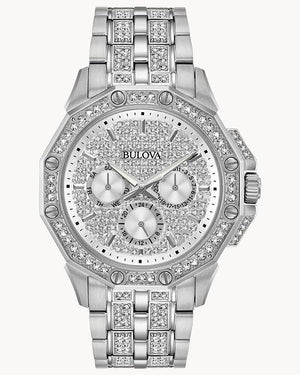 Bulova Crystal Collection Pave Silver Dial with Crystals Silver Steel Strap Watch for Men - 96C134 Authentic Buy Shop Now