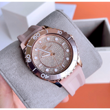 Michael Kors Runway Three Hand Crystal Pave Dial Pink Rubber Strap Watch For Women - MK6854 Authentic Buy Shop Now