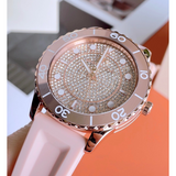 Michael Kors Runway Three Hand Crystal Pave Dial Pink Rubber Strap Watch For Women - MK6854 Authentic Buy Shop Now