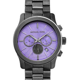Michael Kors Runway Chronograph Purple Dial Black Steel Strap Watch For Women - MK5954 Authentic Buy Shop Now