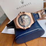 Maserati Automatic Skeleton Dial Rose Gold Blue Leather Strap Watch For Men - R8821108022 Authentic Buy Shop Now