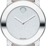Movado Bold Glitter Silver Dial Pink Leather Strap Watch For Women - 3600522 Authentic Buy Shop Now