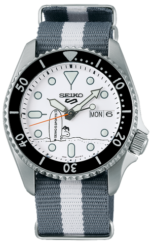 Seiko 5 Sports x Peanuts Surfboard Snoopy Limited Edition White Dial Two Tone NATO Strap Watch For Men - SRPK25K1 Authentic Buy Shop Now
