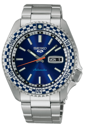 Seiko 5 Sports Petrol Blue Checker Flag Special Edition Blue Dial Silver Steel Strap Watch For Men - SRPK65K1 Authentic Buy Shop Now