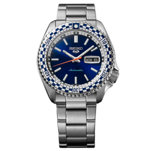 Seiko 5 Sports Petrol Blue Checker Flag Special Edition Blue Dial Silver Steel Strap Watch For Men - SRPK65K1 Authentic Buy Shop Now