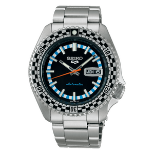 Seiko 5 Sports Checker Flag Special Edition Black Dial Silver Steel Strap Watch For Men - SRPK67K1 Authentic Buy Shop Now