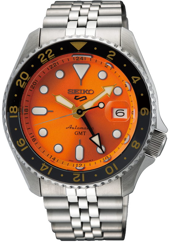 Seiko 5 Sports GMT Automatic Orange Dial Silver Steel Strap Watch For Men - SSK005K1 Authentic Buy Shop Now