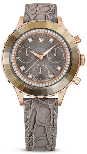 Swarovski Octea Chrono Grey Dial Grey Leather Strap Watch for Women - 5671153 Authentic Buy Shop Now