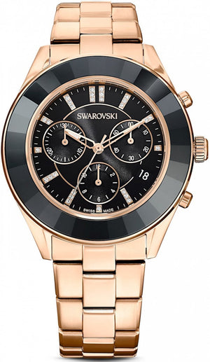 Swarovski Octea Lux Sport Chronograph Black Dial Rose Gold Steel Strap Watch for Women - 5610478 Authentic Buy Shop Now