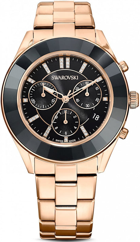 Swarovski Octea Lux Sport Chronograph Black Dial Rose Gold Steel Strap Watch for Women - 5610478 Authentic Buy Shop Now