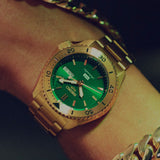 Seiko 5 Sports HUF Limited Edition Green Dial Gold Steel Strap Watch For Men - SRPJ20 Authentic Buy Shop Now