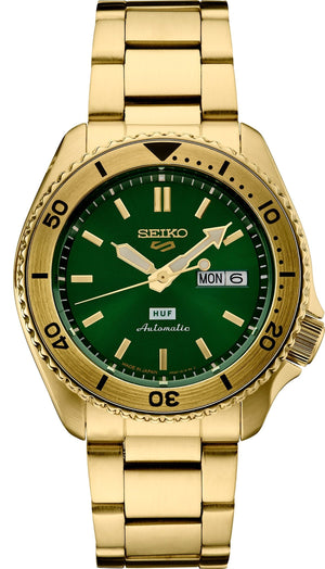 Seiko 5 Sports HUF Limited Edition Green Dial Gold Steel Strap Watch For Men - SRPJ20 Authentic Buy Shop Now