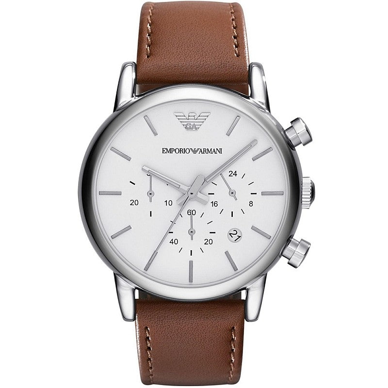 Emporio Armani Luigi Chronograph Silver Dial Brown Leather Strap Watch for Men - AR1846 Authentic Buy Shop Now