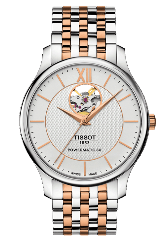 Tissot Tradition Powermatic 80 Open Heart Silver Dial Two Tone Steel Strap Watch For Men - T063.907.22.038.01 Authentic Buy Shop Now