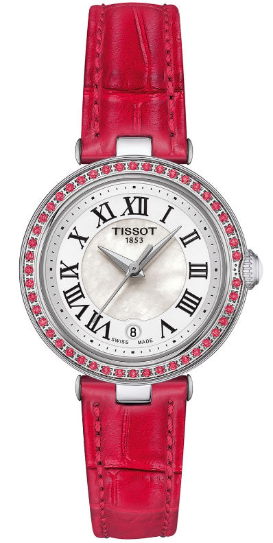 Tissot Bellissima Small Lady Diamonds Mother of Pearl Dial Red Leather Strap Watch For Women - T126.010.66.113.00 Authentic Buy Shop Now