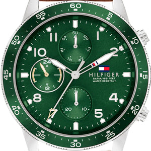 Tommy Hilfiger Jimmy Chronograph Green Dial Brown Leather Strap Watch For Men - 1791948 Authentic Buy Shop Now
