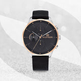 Tommy Hilfiger Chase Chronograph Quartz Grey Dial Black Leather Strap Watch For Men - 1791488 Authentic Buy Shop Now