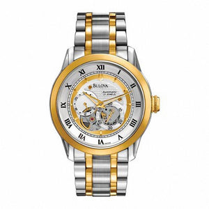 Bulova BVA Skeleton Silver Dial Two Tone Steel Strap Watch for Men - 98A123 Authentic Buy Shop Now