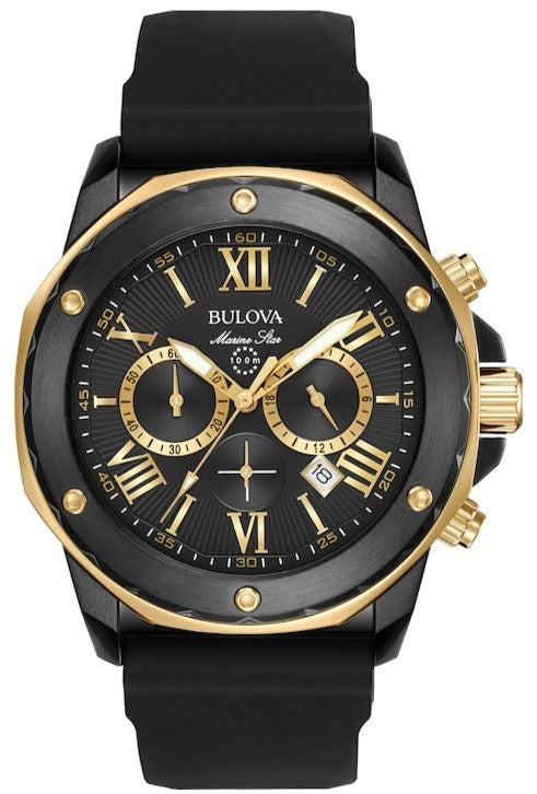 Bulova Marine Star Chronograph Black Dial Black Rubber Strap Watch for Men - 98B278 Authentic Buy Shop Now