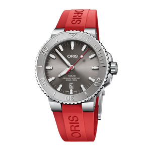 Oris Aquis Date Relief Grey Dial Red Rubber Strap Watch for Men - 0173377304153-0742466EB Authentic Buy Shop Now